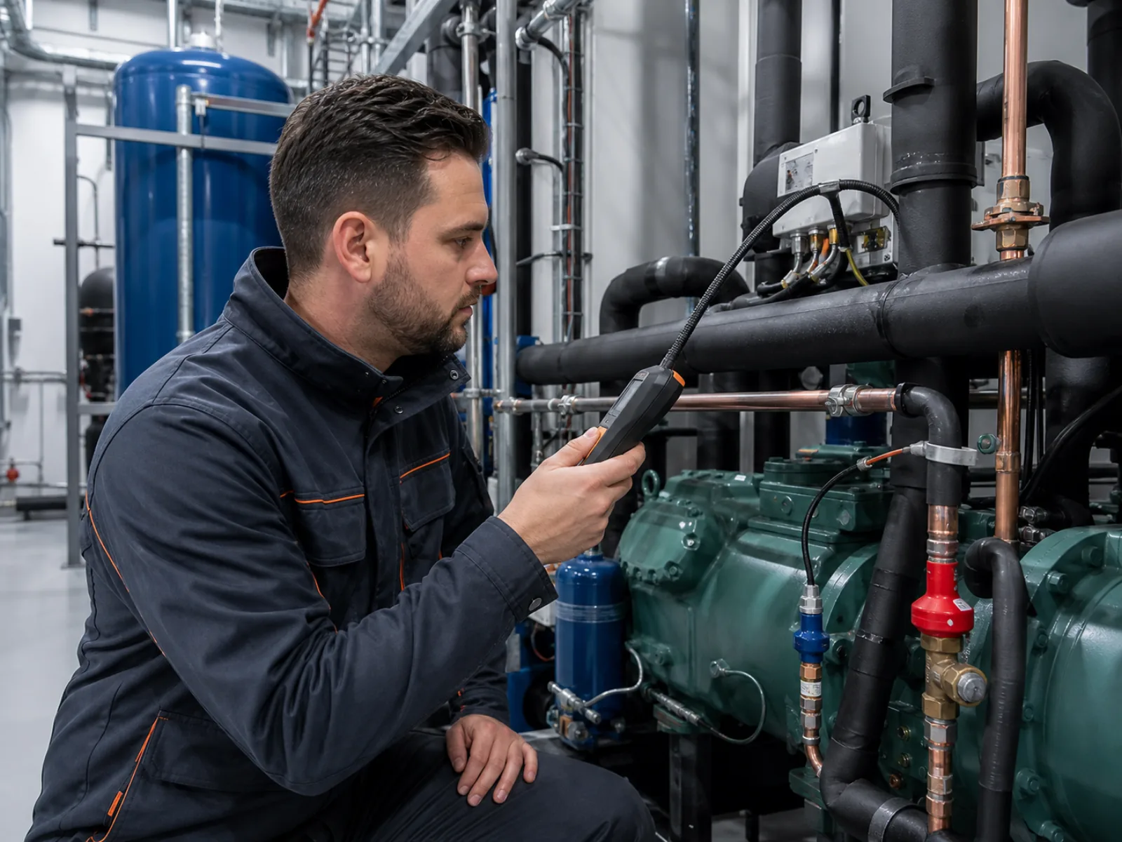 Servicetechniker führt eine Lecksuche an einer gewerblichen Kälteanlage durch; Lecksuchgerät an Rohrleitung im Technikraum