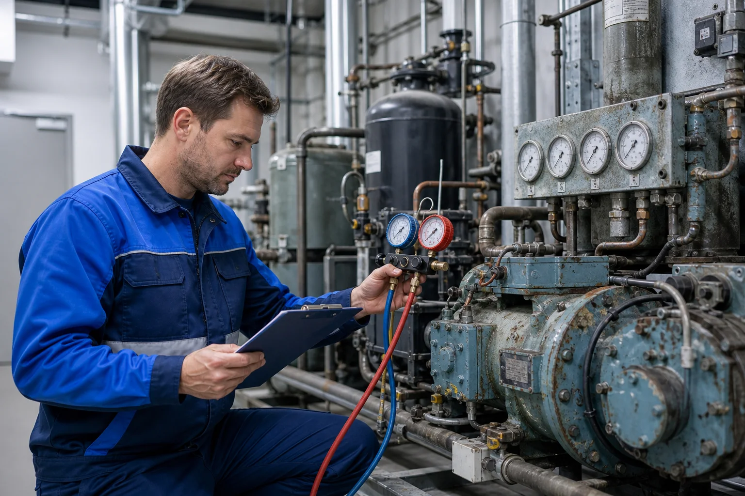 Techniker bewertet eine bestehende gewerbliche Kälteanlage mit Messgerät und Blick auf Verdichter, Regelung und dokumentierte Bestandsdaten