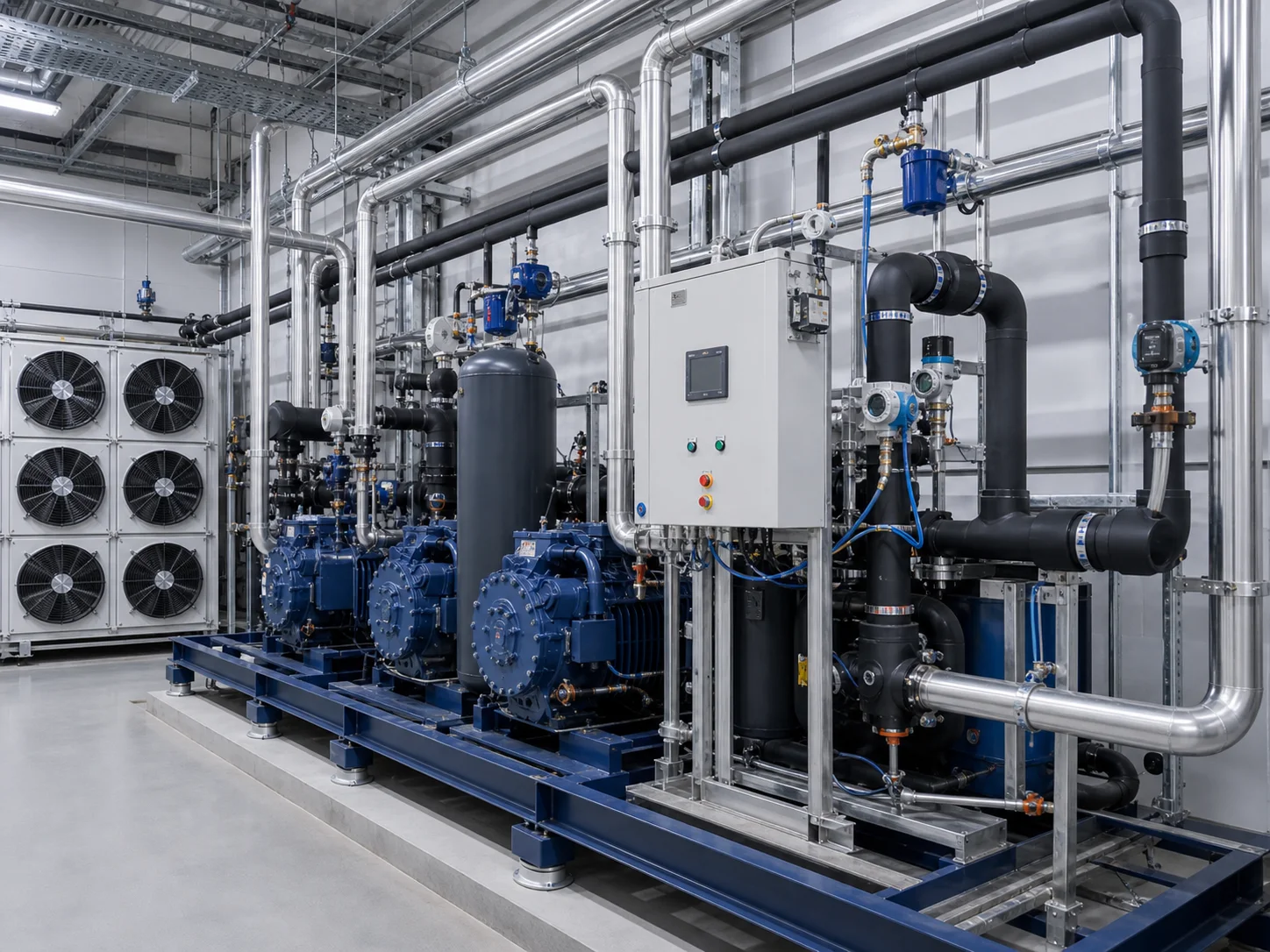 Gewerbliche Kälteanlage mit modernem Steuerungspanel, neuen Sensoren und saniertem Leitungsnetz als Beispiel einer strukturierten Teilmodernisierung