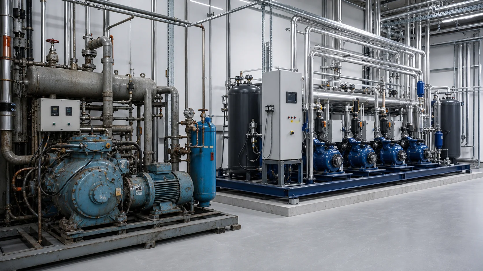 Vergleich zwischen modernisierter und älterer gewerblicher Kälteanlage in einem österreichischen Technikraum mit Servicezugang und Messpunkten