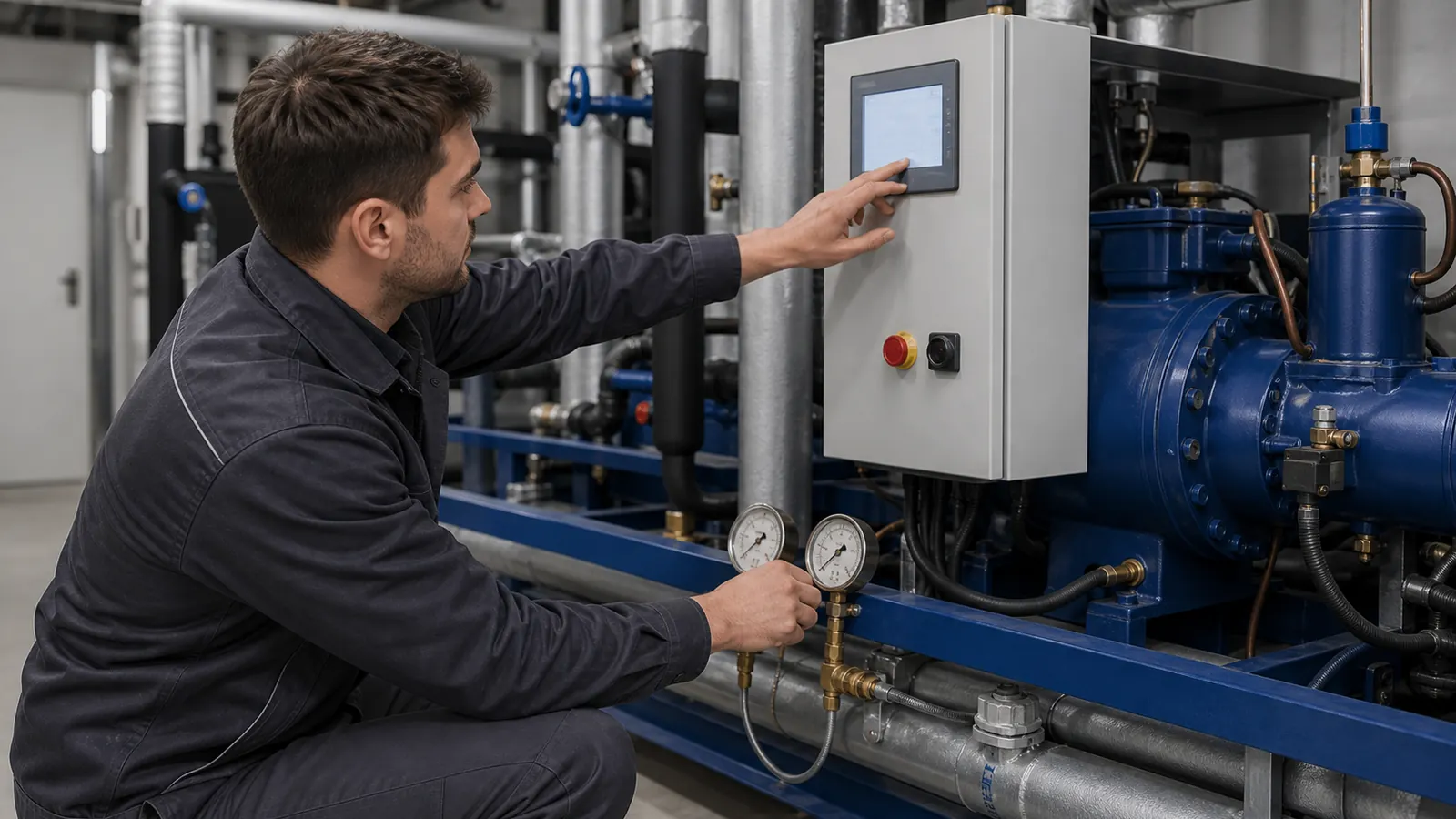 Servicetechniker prüft eine gewerbliche Kälteanlage im Technikraum; Manometer und Regelung werden kontrolliert