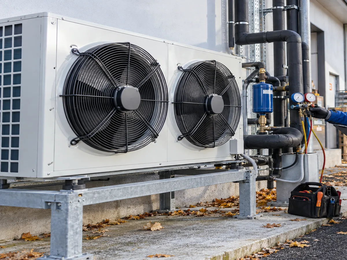 Luftgekühlter Verflüssiger mit Ventilatorregelung im österreichischen Herbst