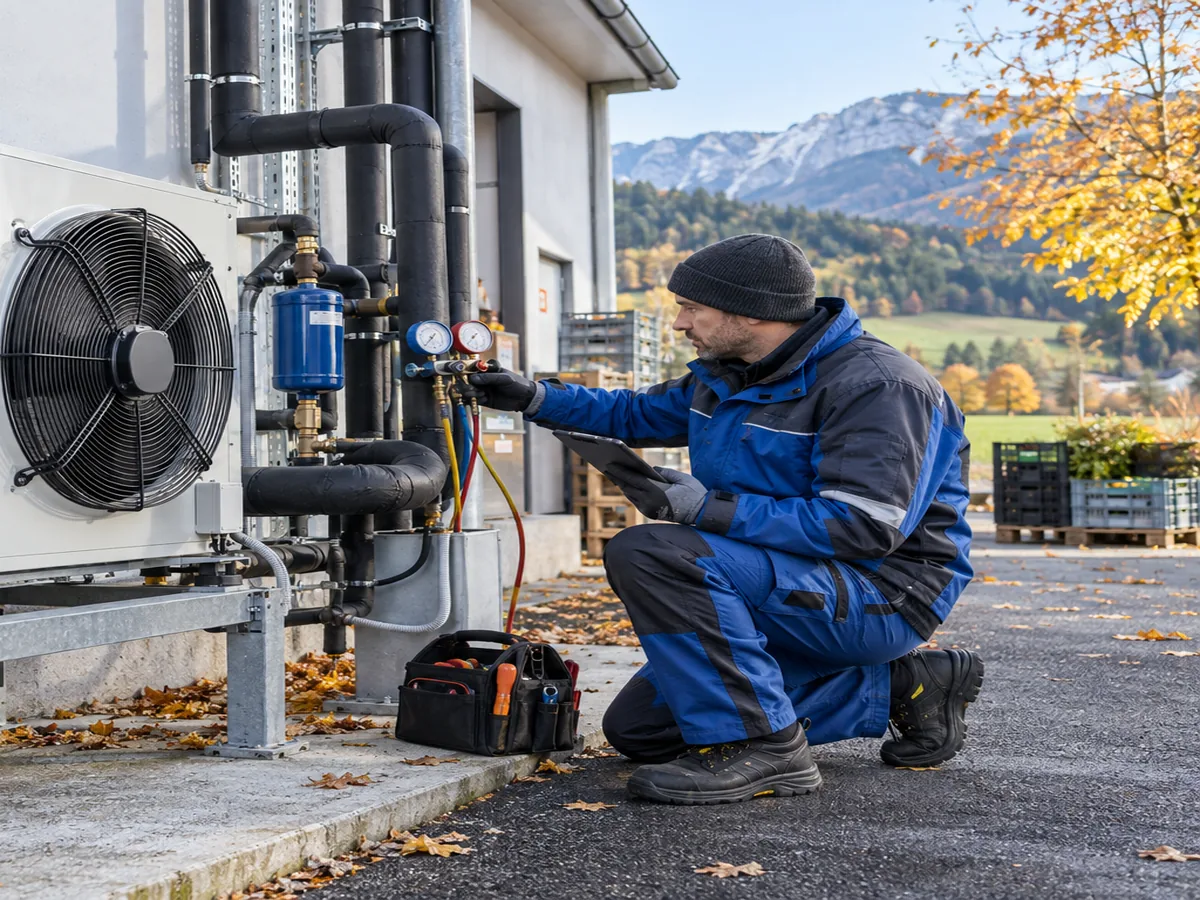 Kältetechniker kontrolliert Drücke und Rohrleitungen einer Außenanlage vor dem Winter
