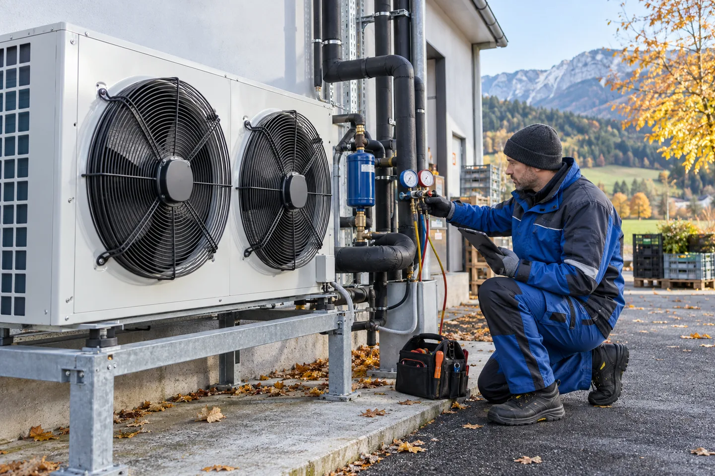 Techniker prüft eine gewerbliche Kälteanlage bei niedriger Außentemperatur in Österreich