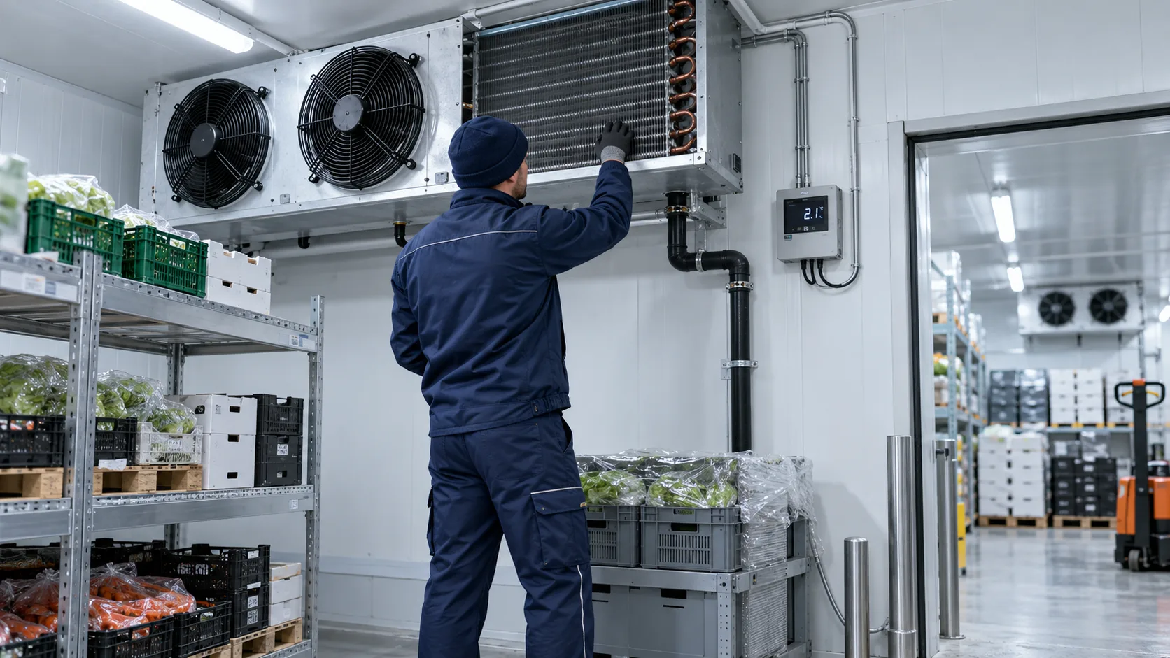 Techniker prüft Verdampfer und Temperaturregelung in einem gewerblichen Kühlraum