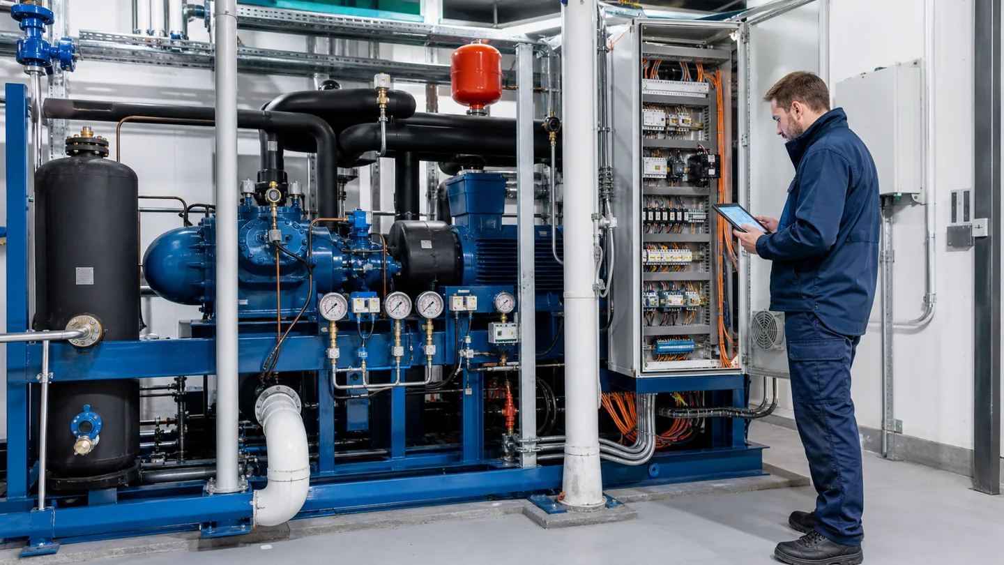 Techniker prueft eine industrielle Kaelteanlage mit Verdichter und Schaltschrank