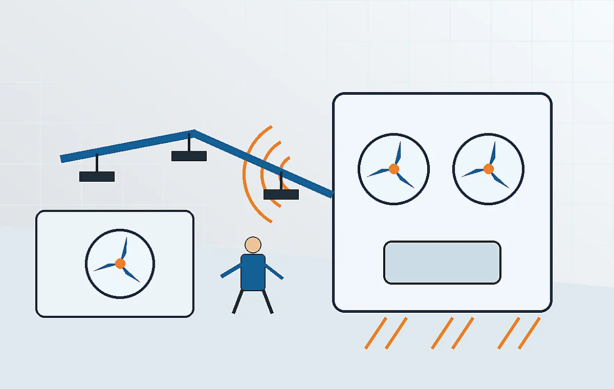 Technische Illustration von Rohrleitungshaltern und Resonanzen bei einer gewerblichen Kälteanlage