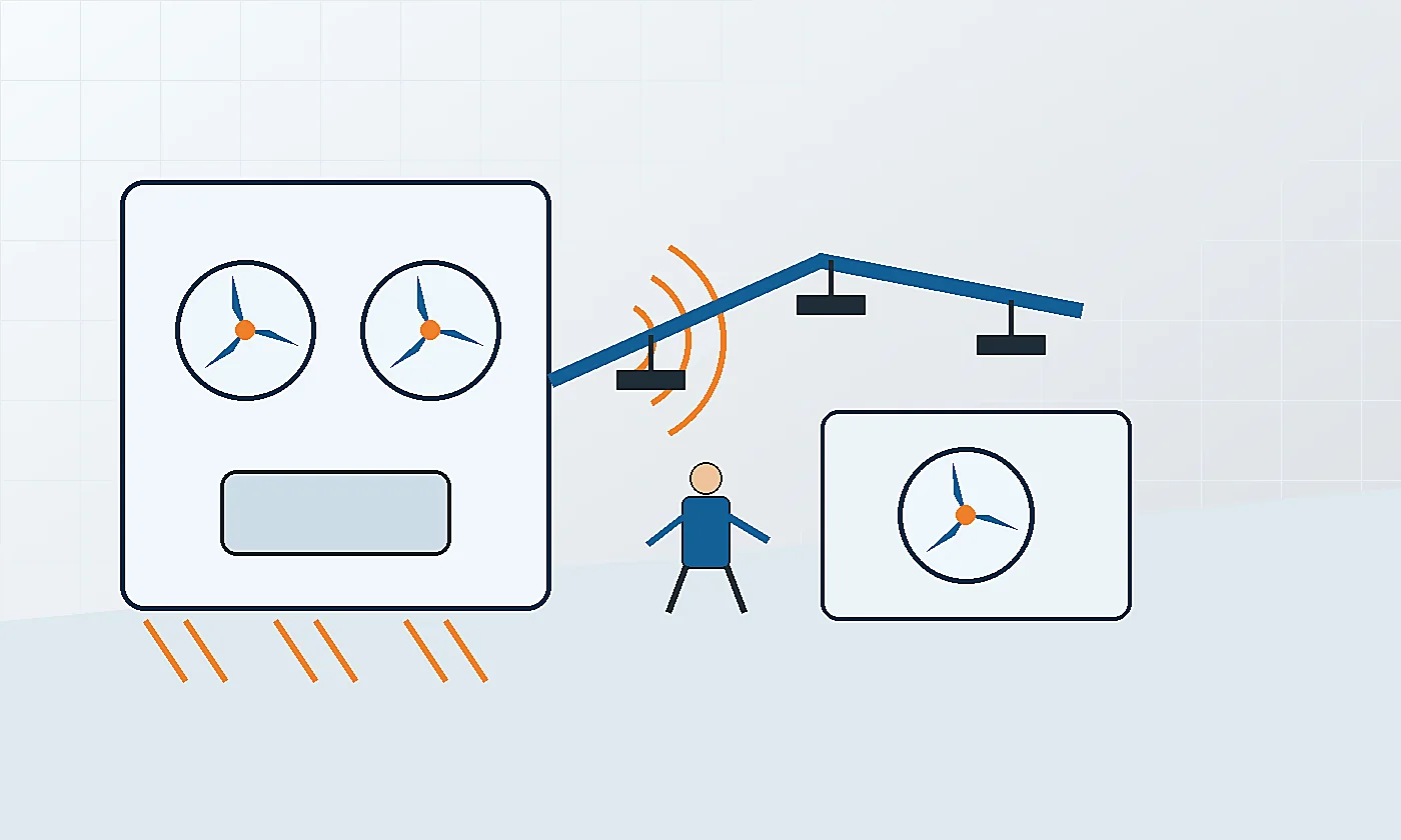 Technische Illustration einer lauten Kälteanlage mit Verdichter, Ventilator und Rohrleitungsvibrationen