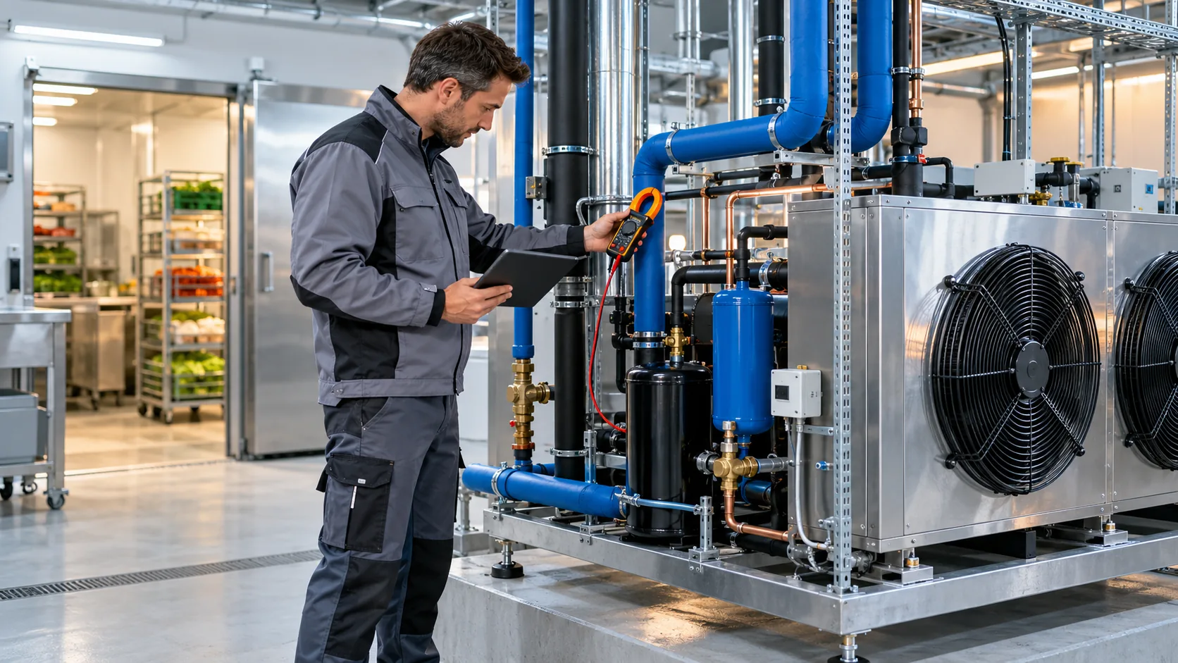Techniker kontrolliert eine Gewerbekälteanlage mit Messzange und Tablet im Technikraum