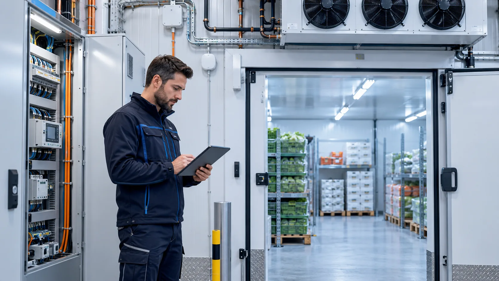 Techniker prüft eine Kälteanlagensteuerung neben dem Eingang eines gewerblichen Kühlraums