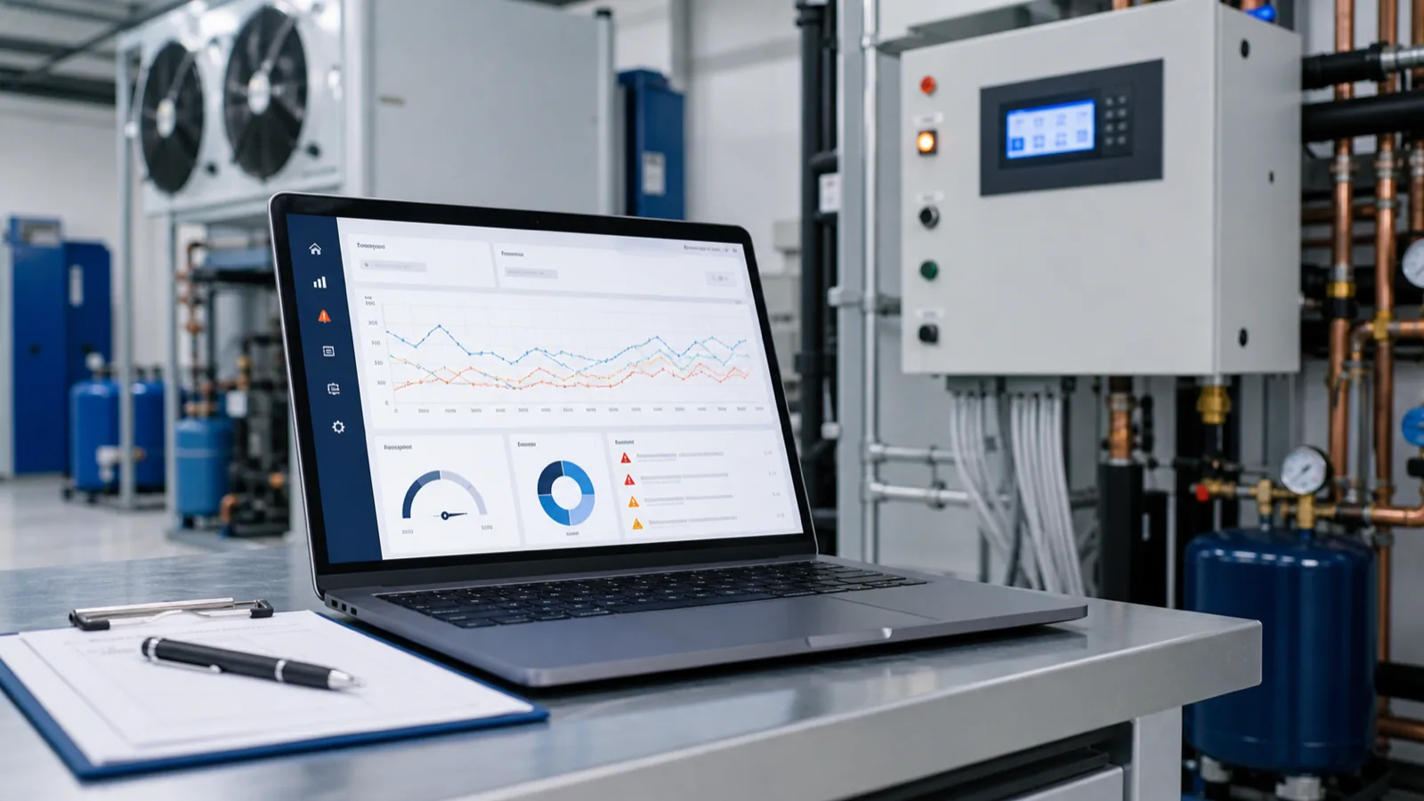 Dashboard mit Temperaturkurven einer Kälteanlage auf einem Laptop im Technikraum