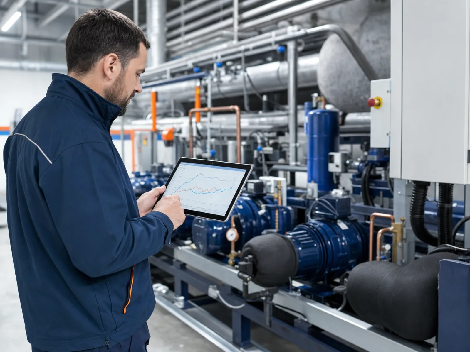 Techniker analysiert Messdaten an einer Kälteanlage im gewerblichen Technikraum