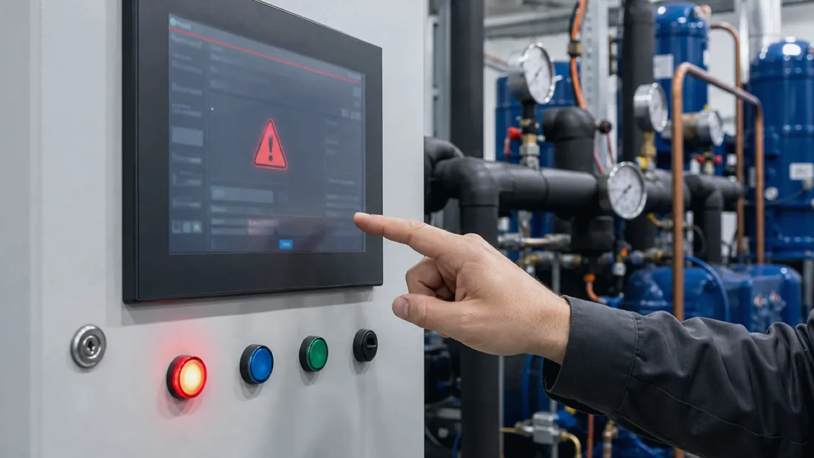 Servicetechniker misst an einer gewerblichen Kaelteanlage Temperaturen und dokumentiert die Stoerungsursache am Tablet