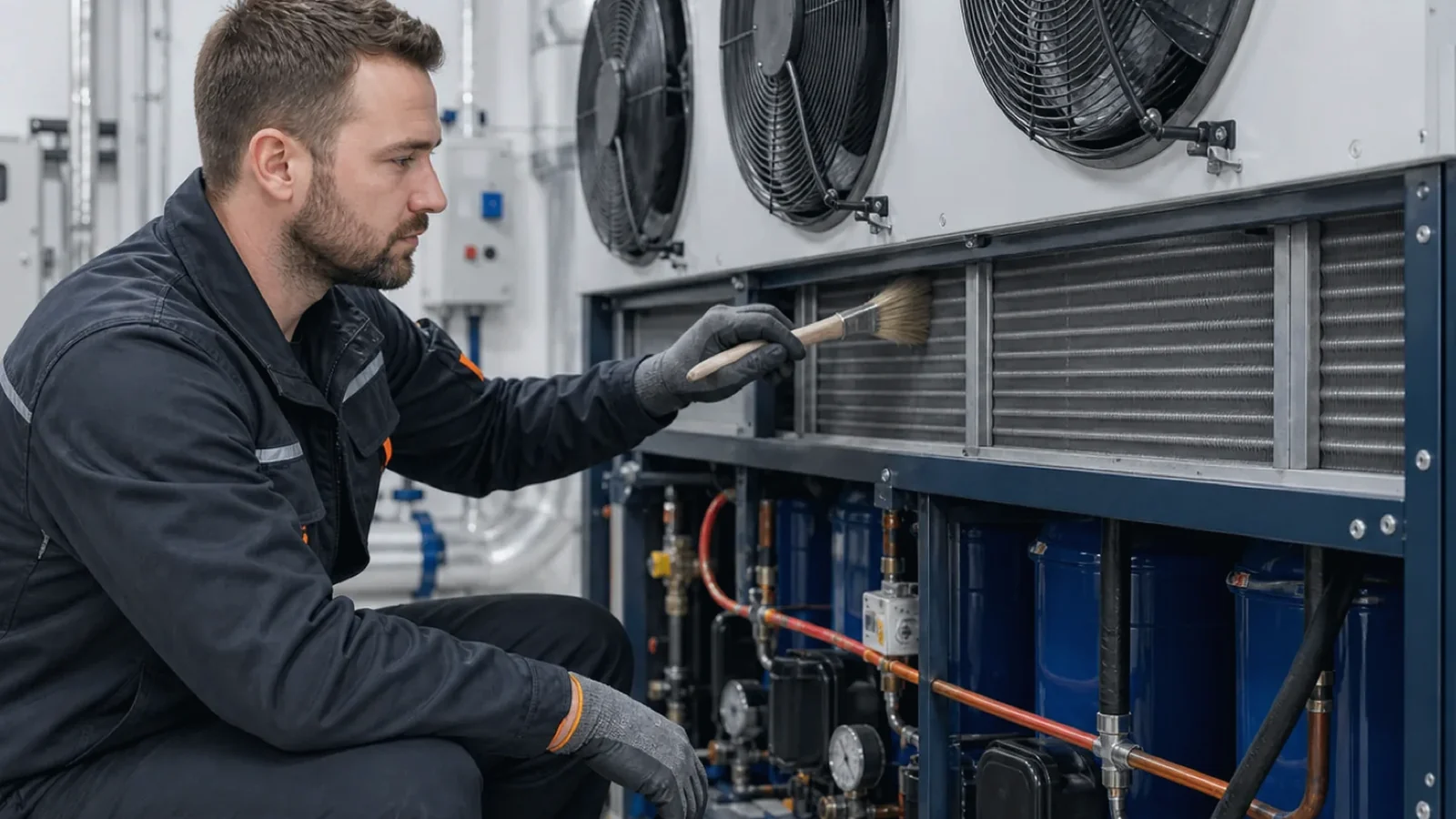 Techniker arbeitet an einem luftgekuehlten Verfluessiger und kontrolliert den Servicezugang fuer eine Reparatur im laufenden Betrieb