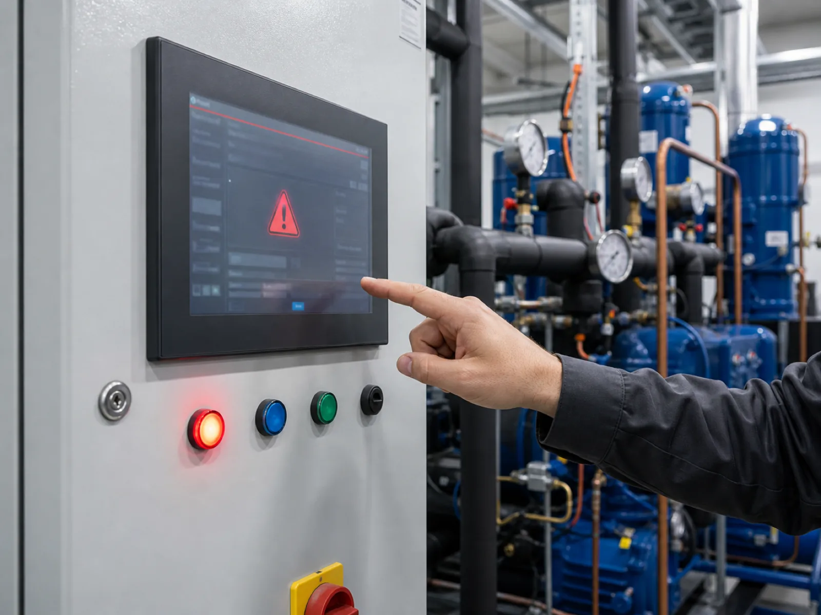 Techniker misst Drücke und Temperaturen an einer Kälteanlage und dokumentiert Werte