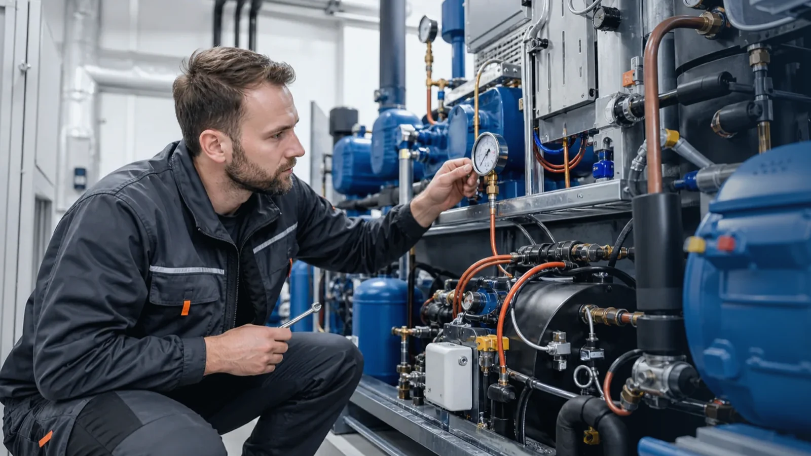 Servicetechniker prueft an einer gewerblichen Kaelteanlage Druckwerte und Stoerungshistorie im Technikraum