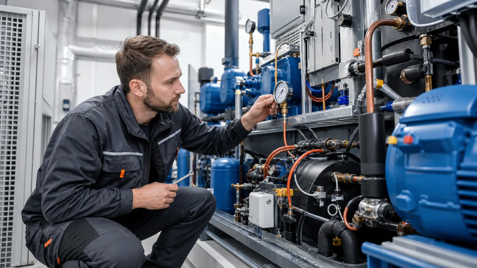 Servicetechniker prüft eine gewerbliche Kälteanlage im Technikraum mit Messgerät