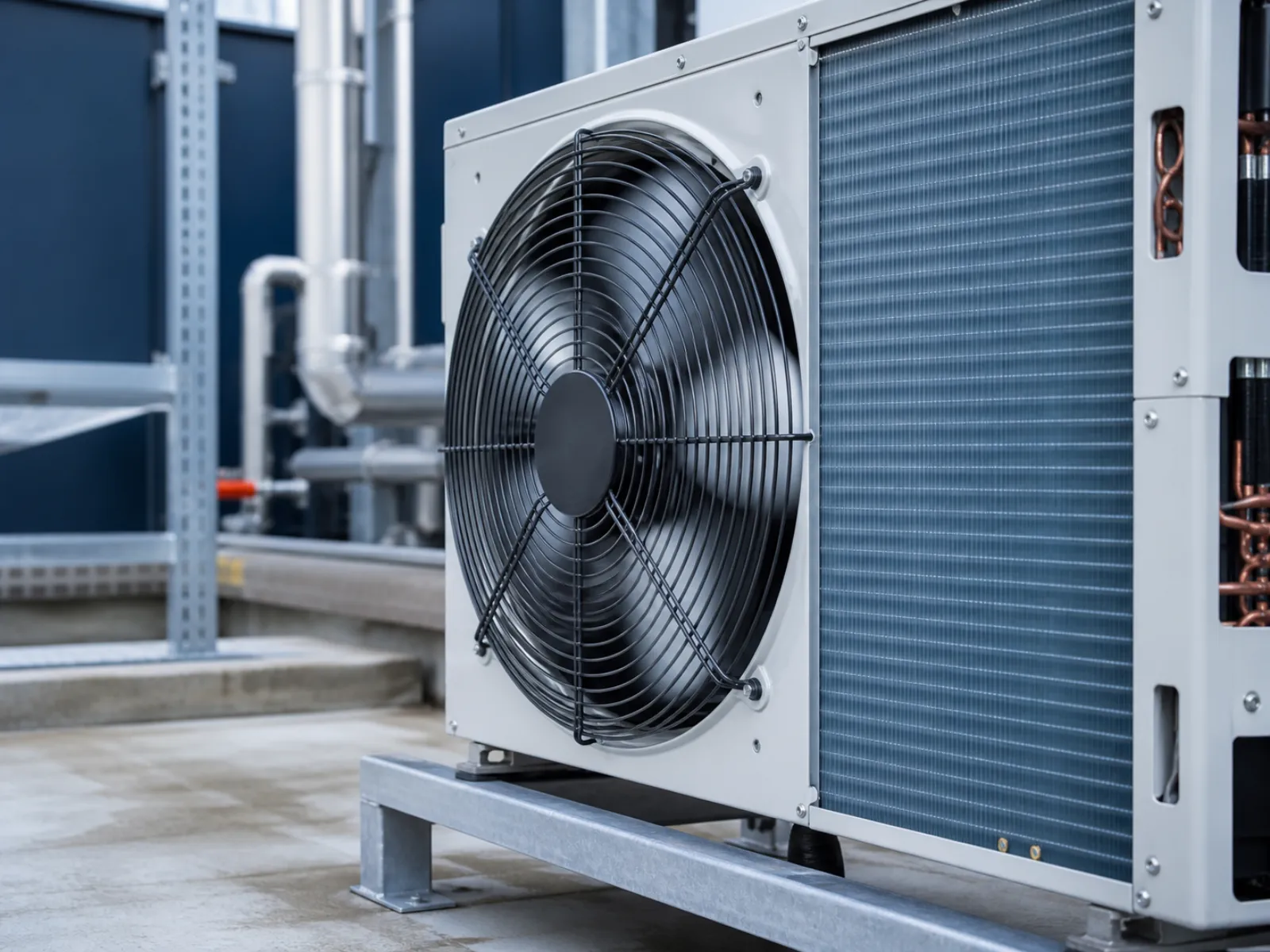Nahaufnahme eines sauberen Verflüssigers mit freien Lamellen und laufendem Ventilator im Außenbereich einer Kälteanlage