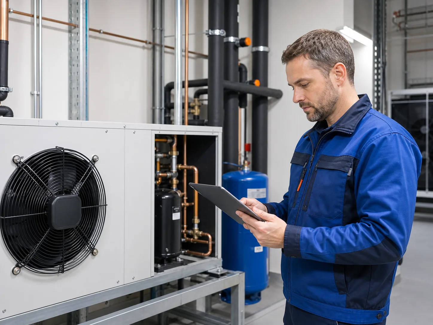 Servicetechniker plant Wartungsintervalle an einer gewerblichen Kälteanlage und prüft dafür den Anlagenzustand mit einem Tablet
