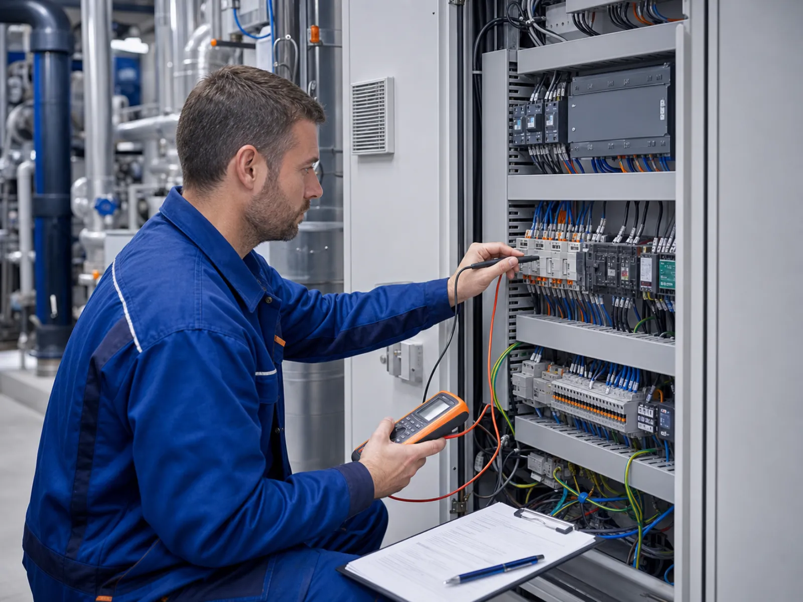 Wartung einer gewerblichen Kälteanlage: Techniker prüft Schaltschrank und Messwerte im Technikraum