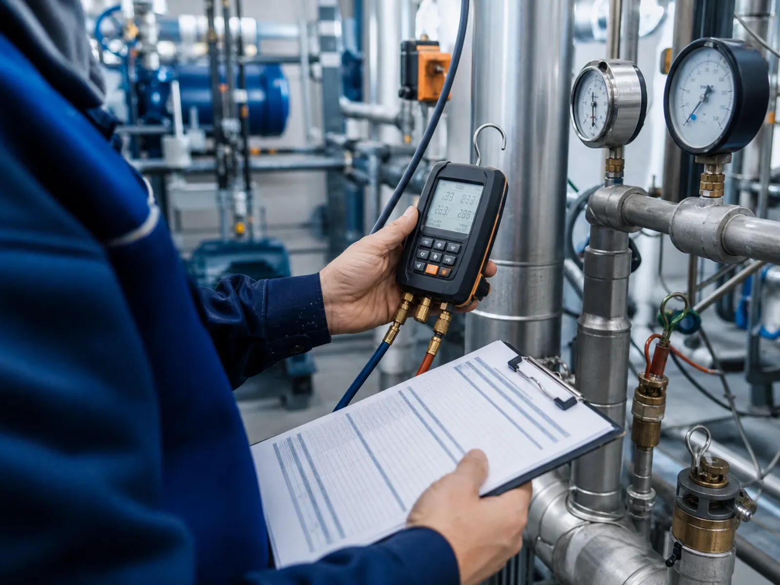 Nahaufnahme: Manometer- und Temperaturmessung an einer Kälteanlage mit beschrifteten Absperrventilen