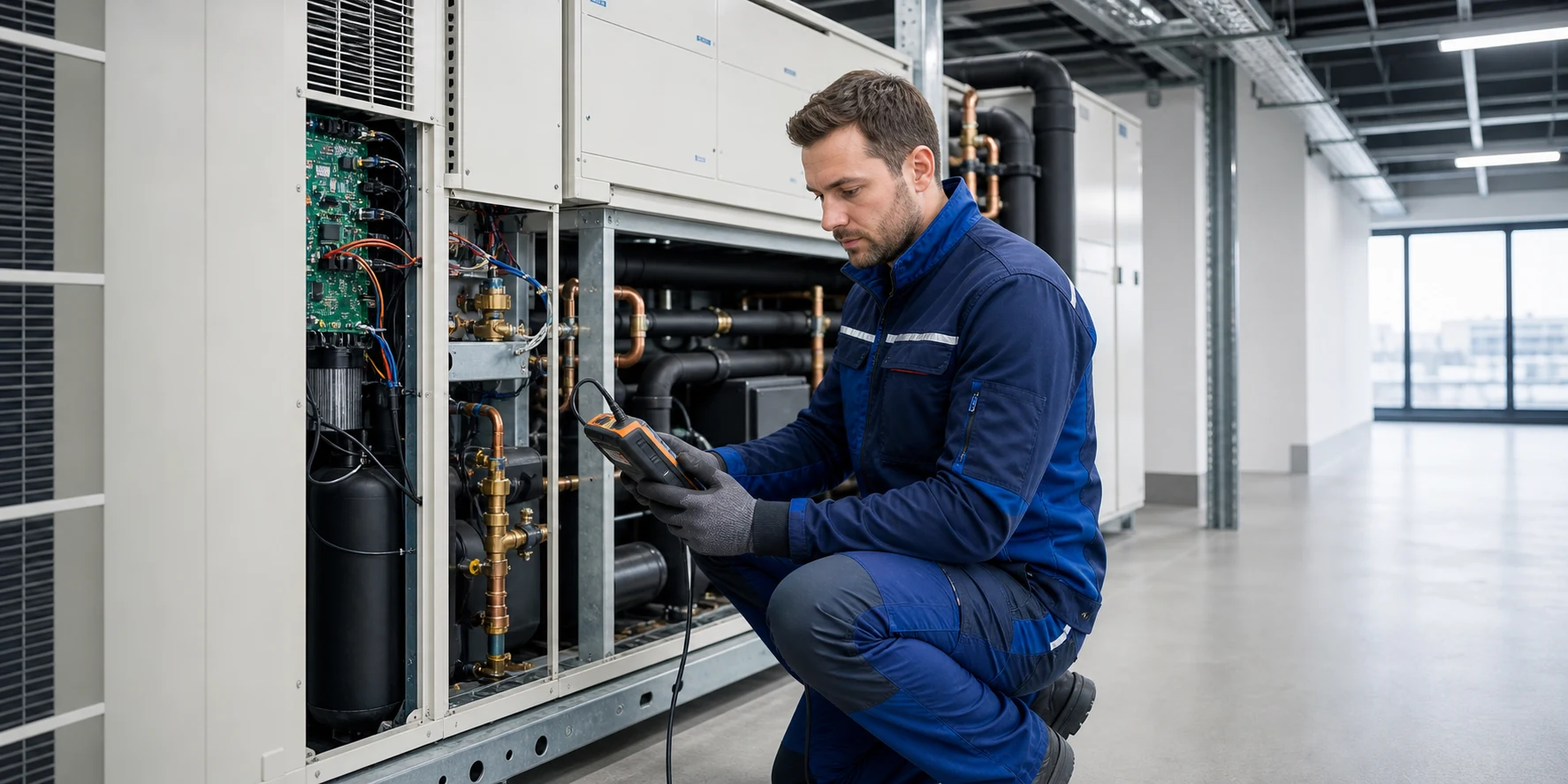 Servicetechniker prüft eine geöffnete gewerbliche Kälteanlage mit Tablet und dokumentiert den Zustand direkt am Aggregat