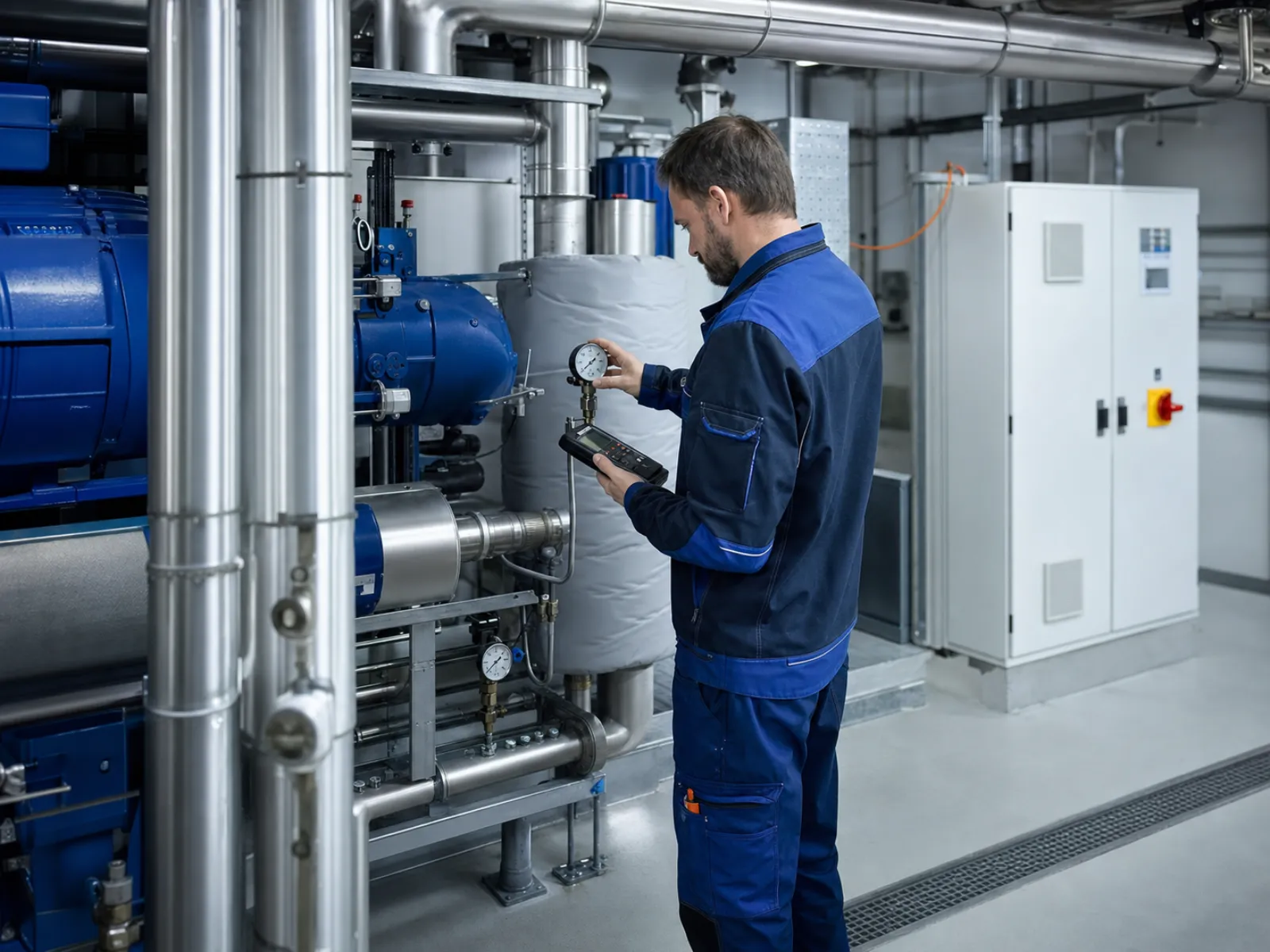 Service-Techniker prüft eine gewerbliche Kälteanlage im Technikraum mit Messgerät und Wartungsprotokoll