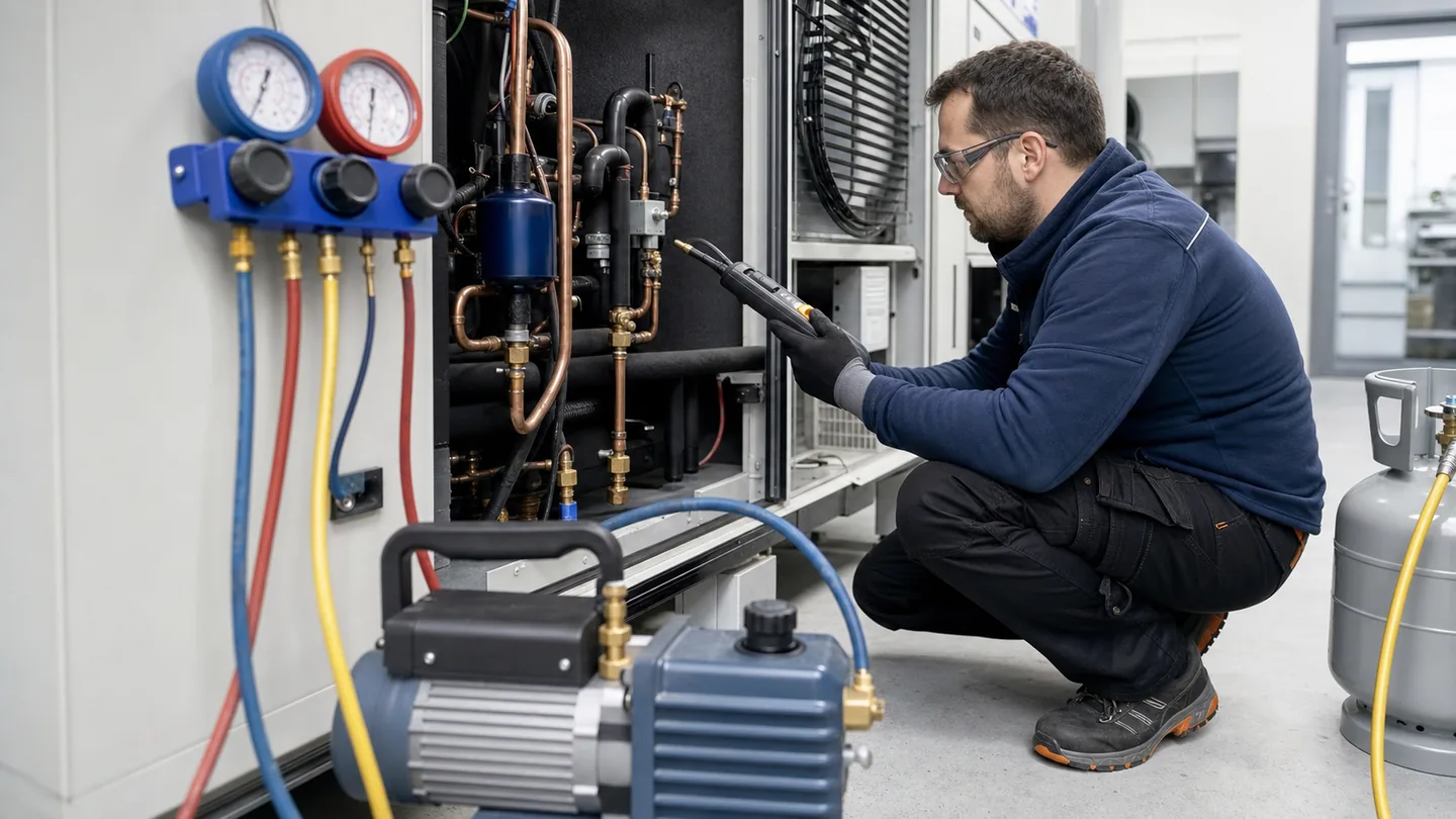 Serviceaufbau mit Manometern, Lecksuchgeraet und Kaeltemittelleitungen an einer Kaelteanlage