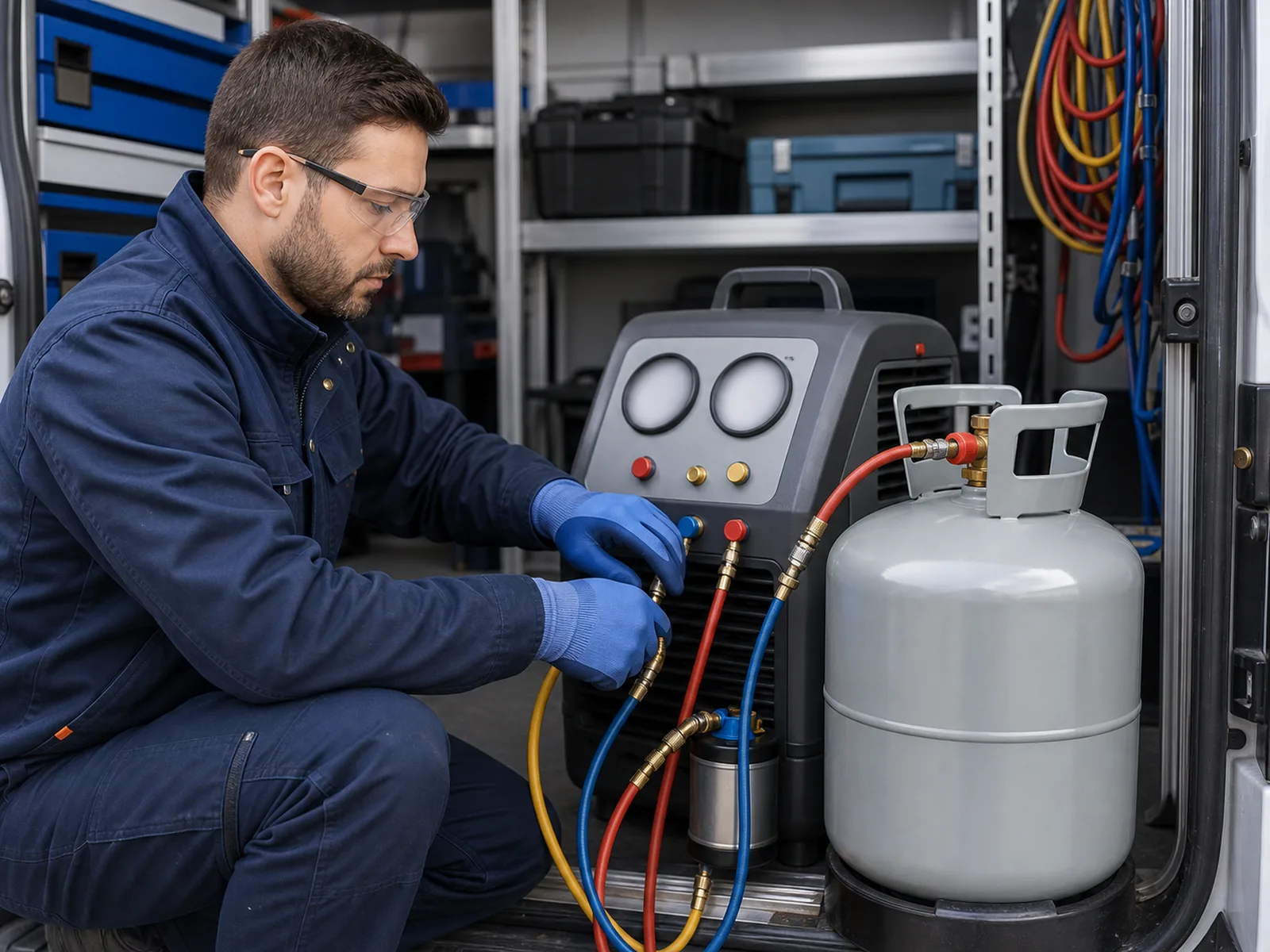 Professioneller Kältemittel-Service: Rückgewinnungsgerät und Zylinder im Servicefahrzeug