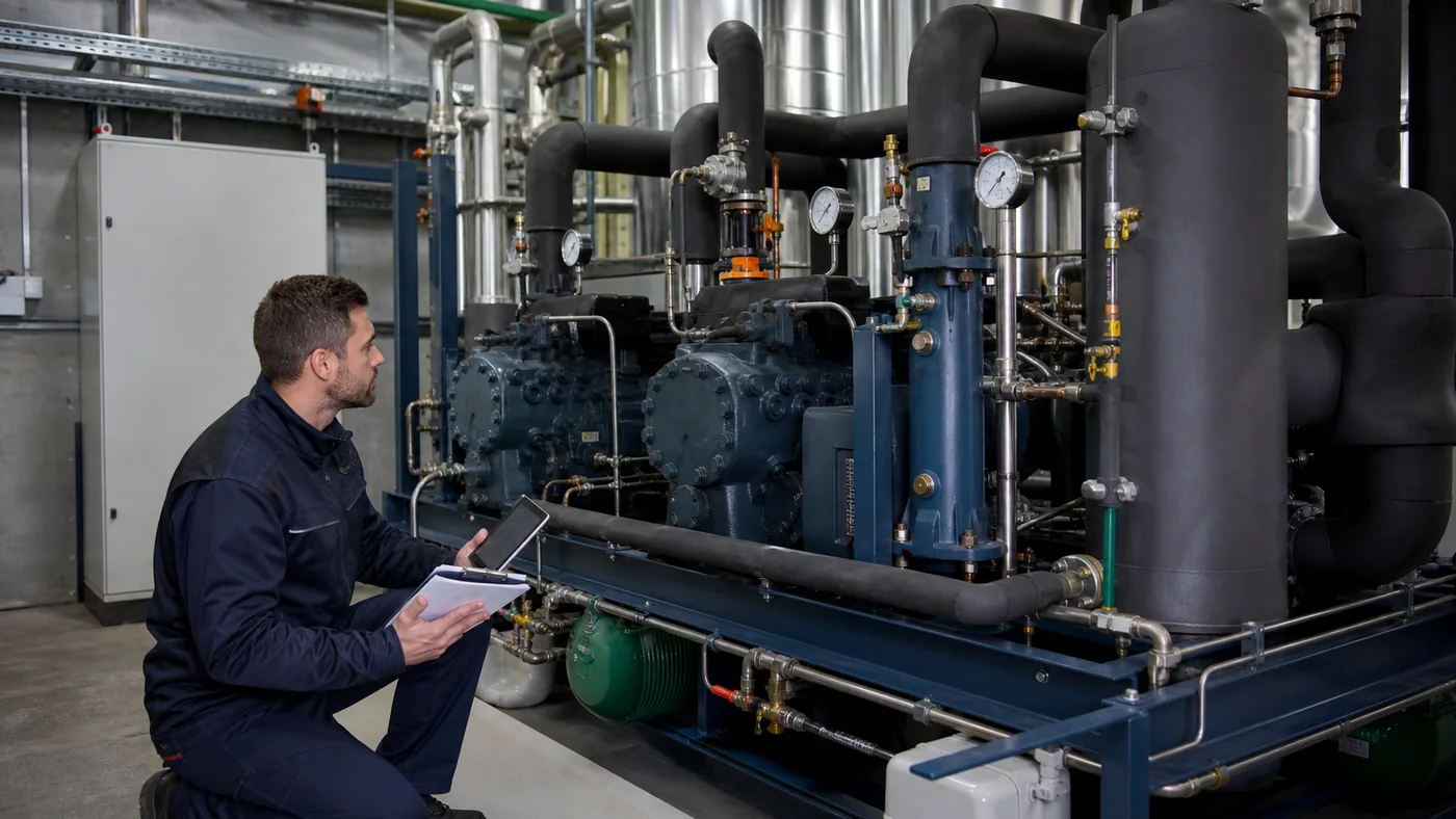 Servicetechniker prueft eine industrielle Kaelteanlage mit Verdichtern, isolierten Leitungen und Anlagenunterlagen
