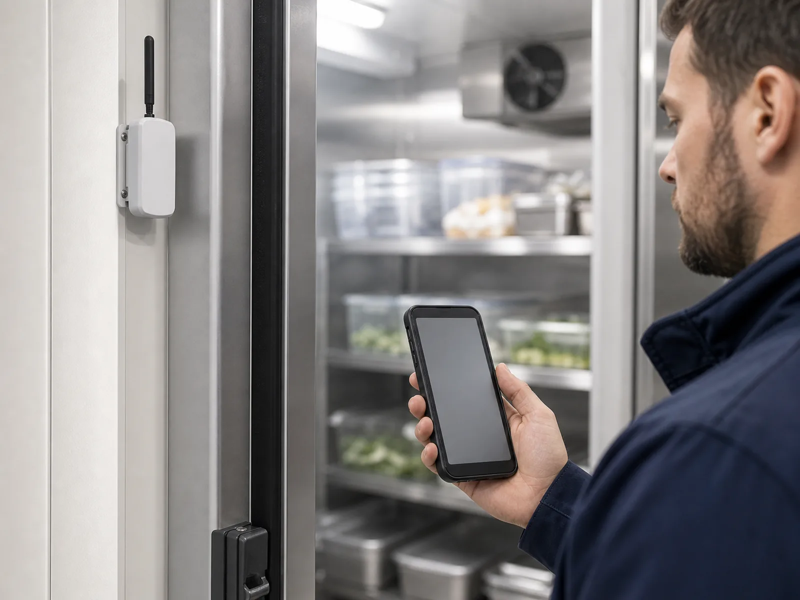Temperatursensor am Kühlraum und Techniker prüft die Messwerte