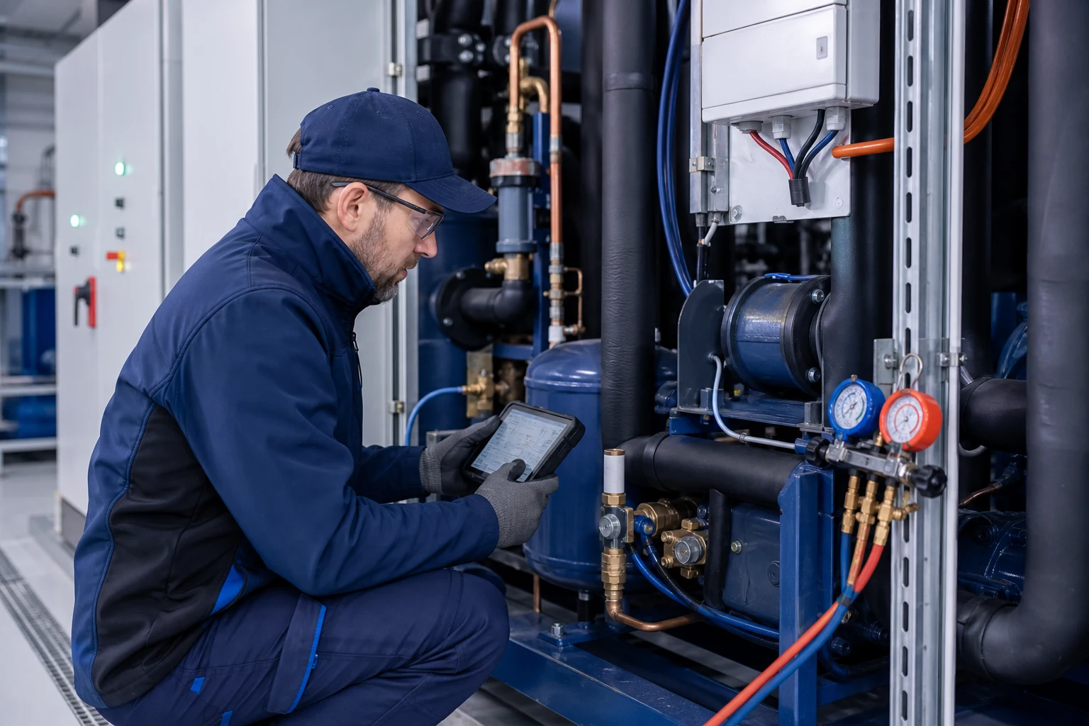 Servicetechniker prueft eine gewerbliche Kaelteanlage mit Messgeraet und gut zugaenglichen Komponenten