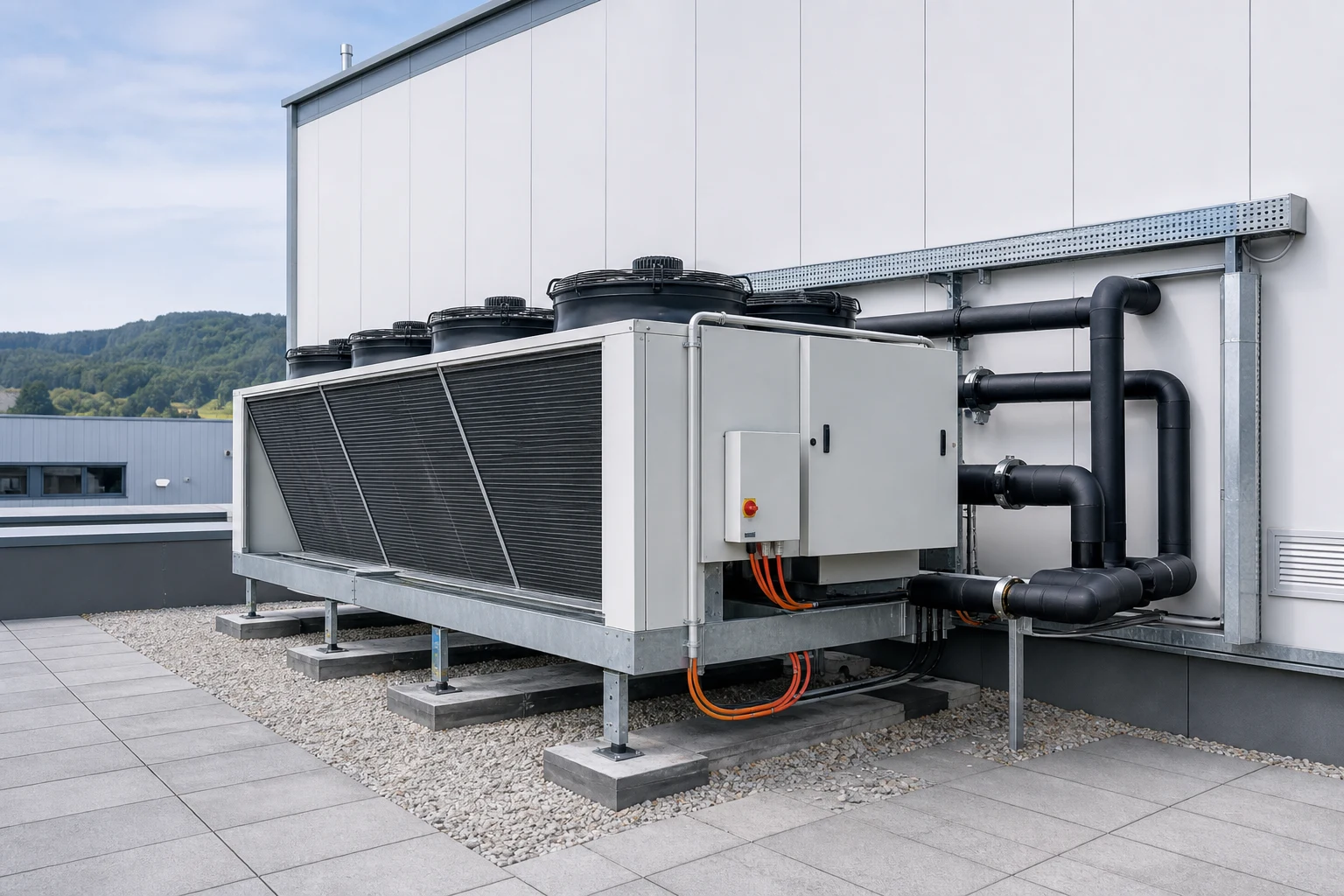 Aussenaufstellung einer gewerblichen Kaelteanlage mit freiem Luftweg und guter Servicezugaenglichkeit an einem Betriebsgebaeude