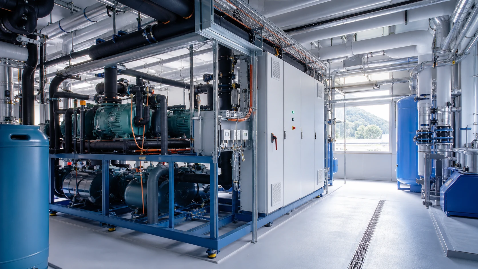 Moderner Technikraum einer gewerblichen Kaelteanlage mit isolierten Leitungen, Armaturen und gutem Servicezugang