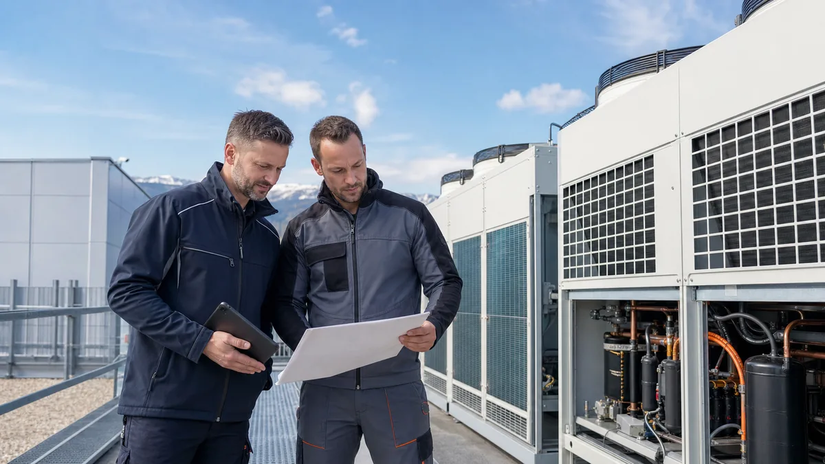 Techniker und Betreiber prüfen Kältetechnik auf einem österreichischen Gewerbedach