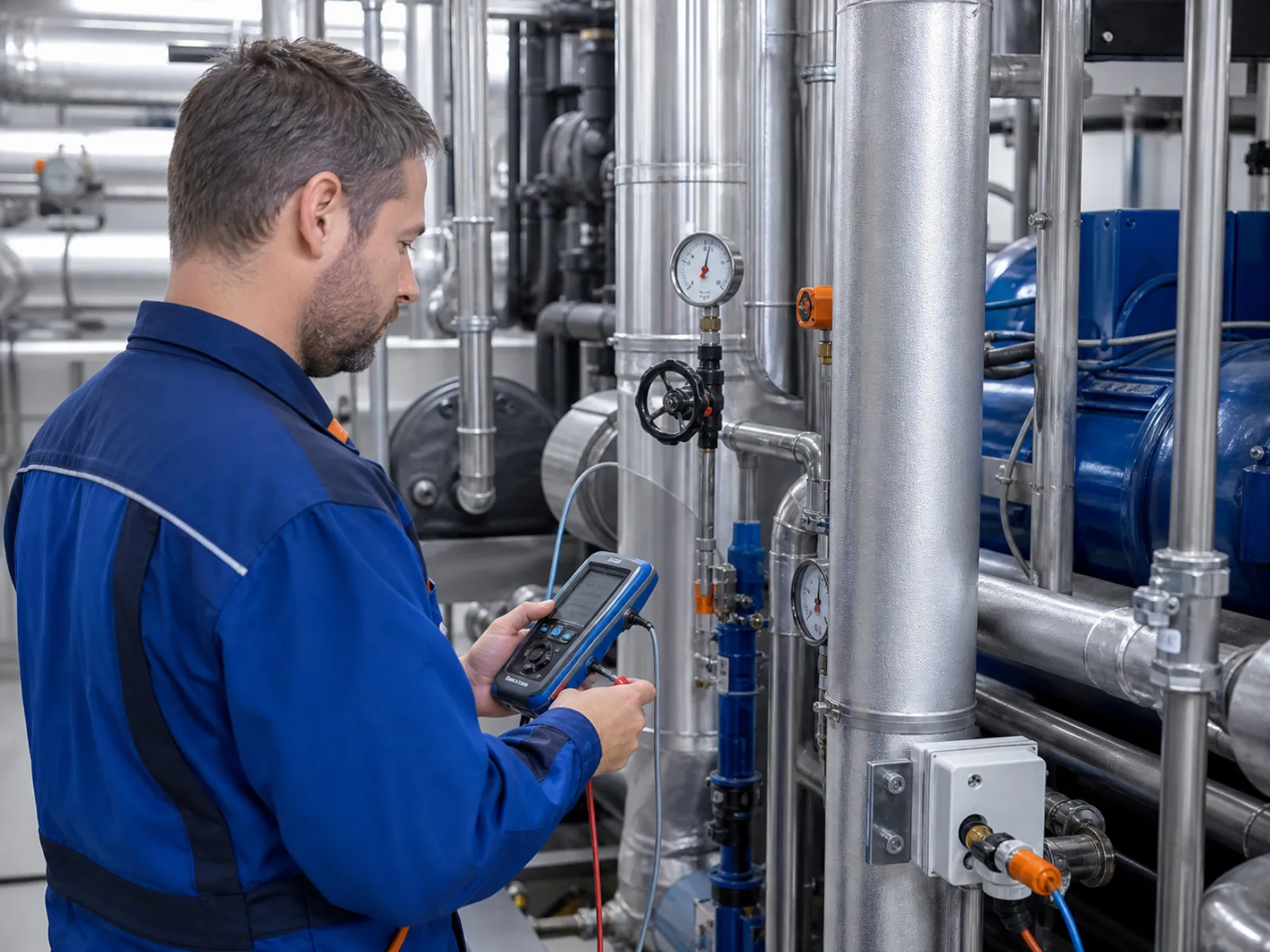 Techniker bei der Inspektion einer gewerblichen Kälteanlage mit Messgerät im Technikraum