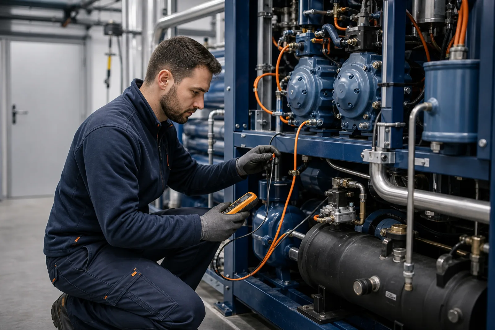 Servicetechniker führt Wartung an einem Kompressorrack durch; Werkzeug und Messgerät im Technikraum