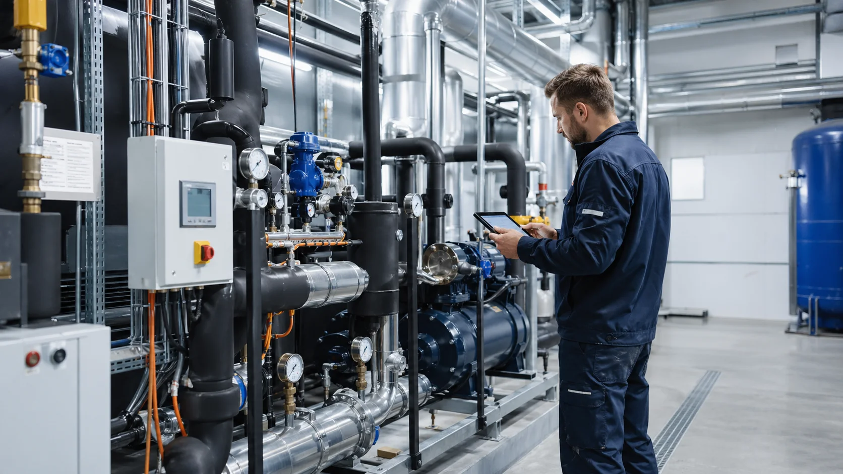 Techniker prüft eine industrielle Kälteanlage in einem österreichischen Gewerbebetrieb