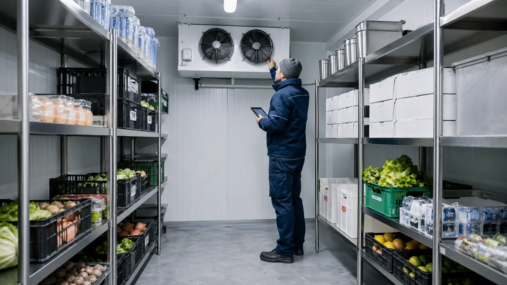 Gewerblicher Kühlraum mit Kältetechniker, Verdampfer und gelagerten Lebensmitteln
