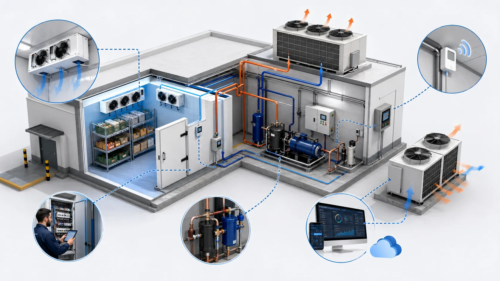 Technische Systemgrafik einer gewerblichen Kälteanlage mit Kühlraum, Leitungen, Außeneinheit und Monitoring