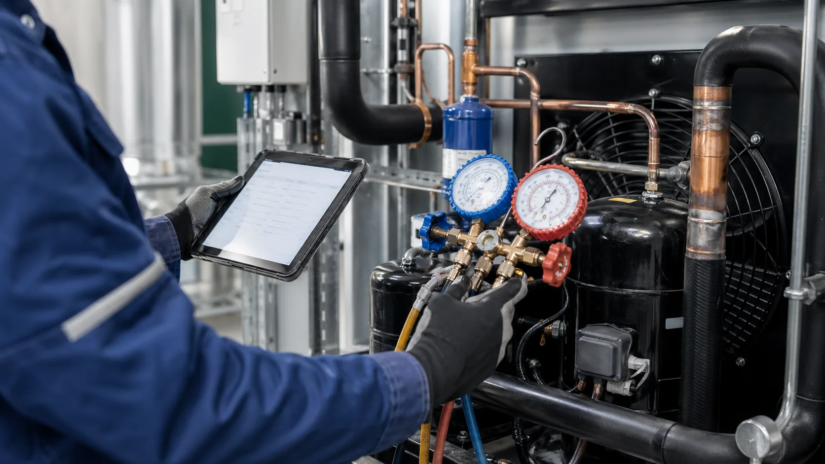 Servicetechniker prüft Manometer und Leitungen einer gewerblichen Kälteanlage