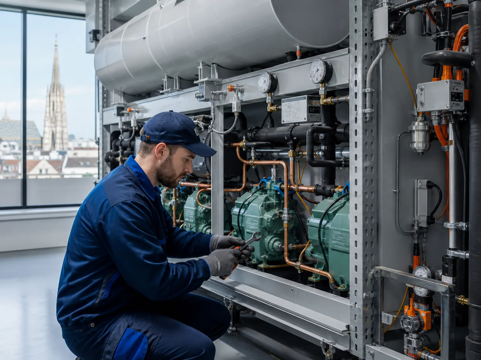 Kältetechnik im Betrieb: Techniker wartet eine gewerbliche Kälteanlage im Technikraum (Wien)