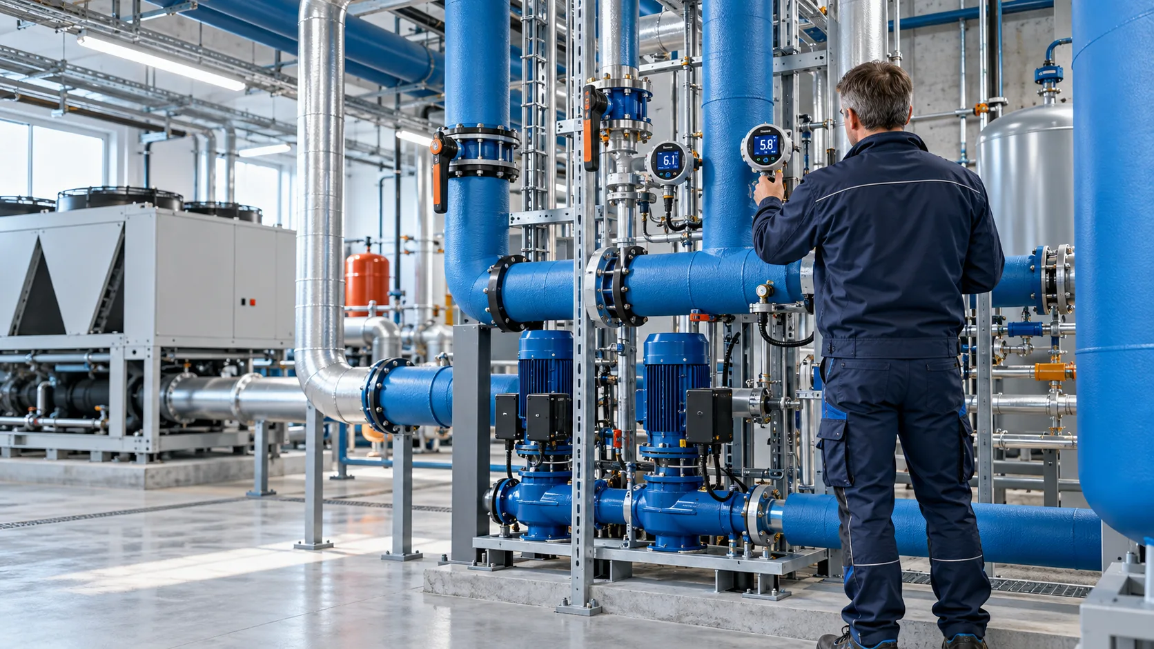 Industriekälteanlage mit gedämmten Kaltwasserleitungen und Pumpengruppe