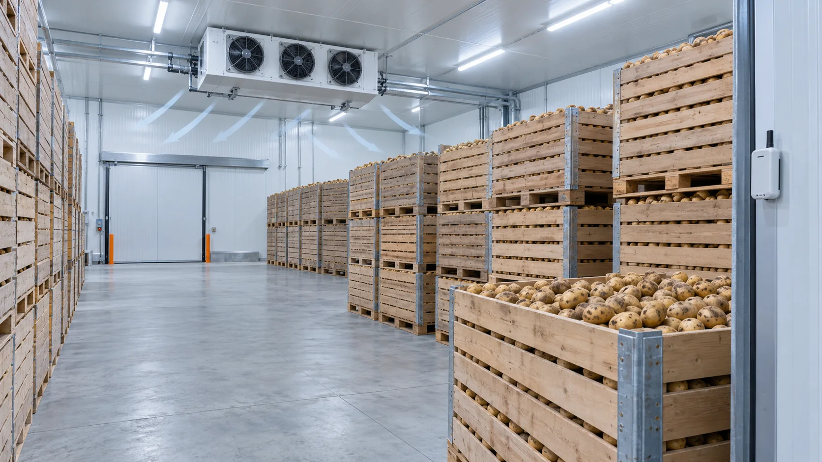 Gekühltes Kartoffellager mit belüfteten Holzkisten, Deckenverdampfer und freien Luftwegen