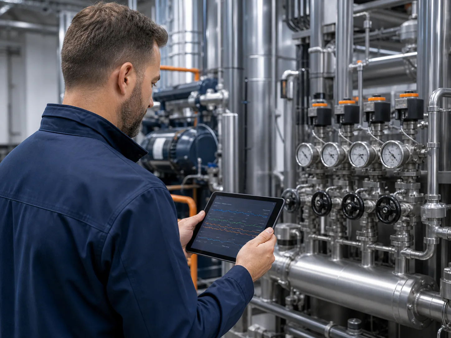 Service-Techniker prüft Messwerte einer Industriekälteanlage am Tablet; im Hintergrund sind CO2-Ventilgruppen und Rohrleitungen sichtbar