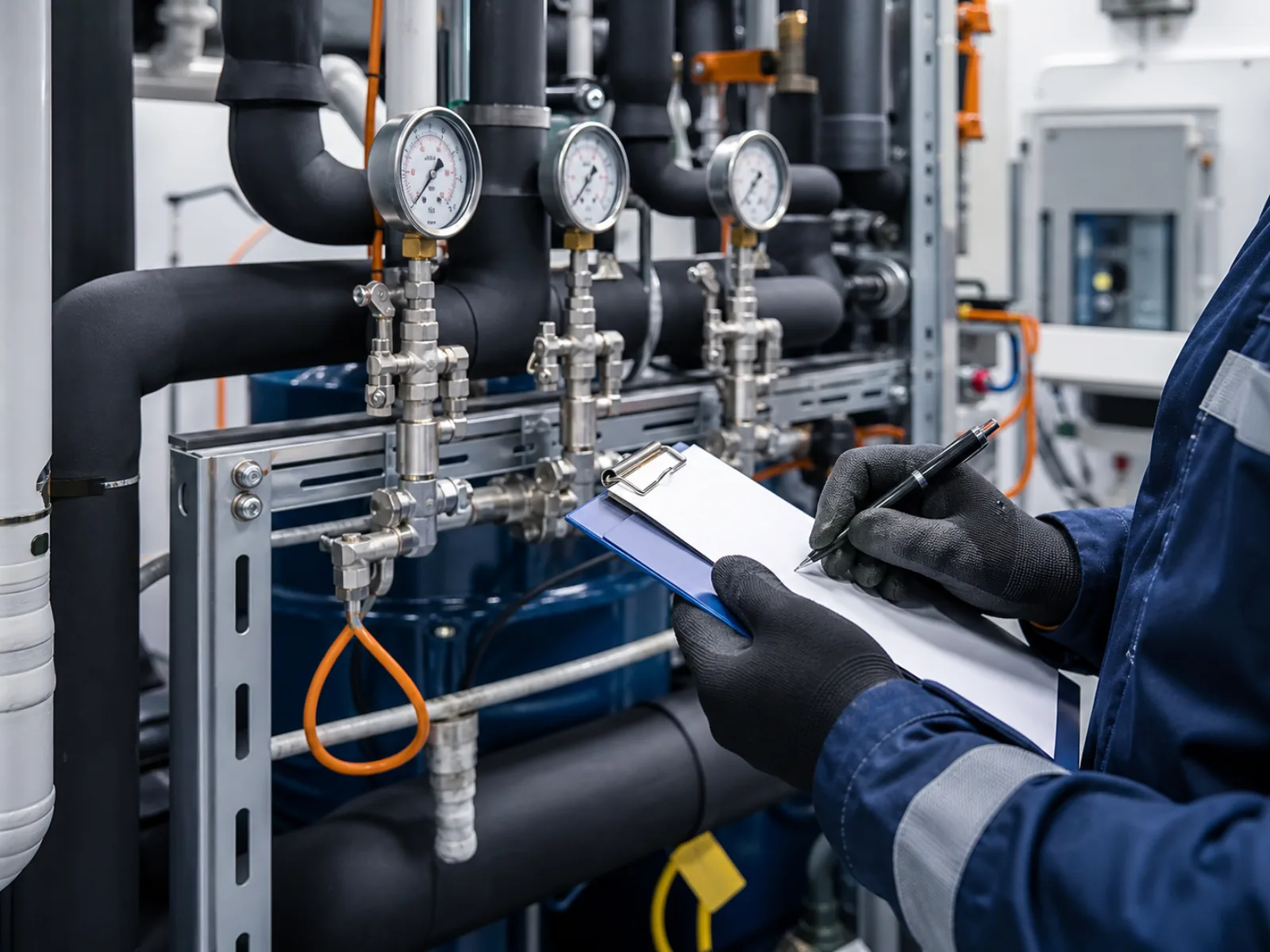 Detailansicht einer Kälteanlagen-Armaturengruppe mit Manometern und Absperrventilen; Techniker dokumentiert Messwerte