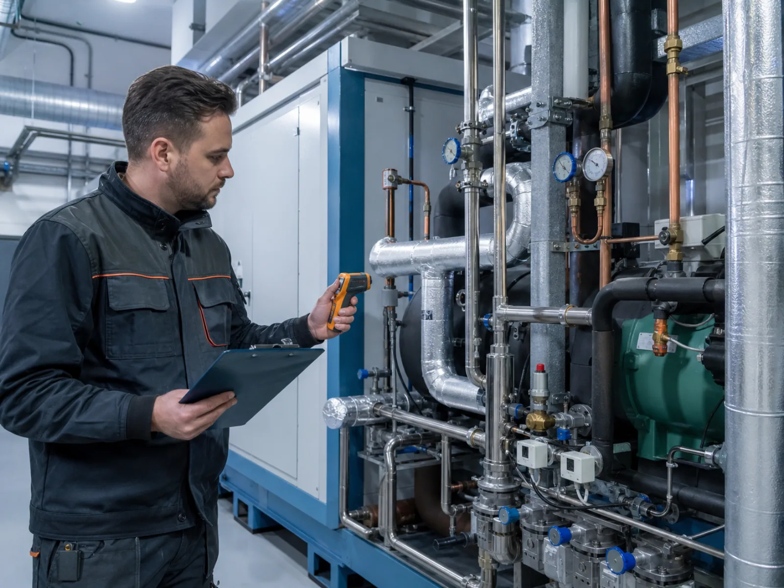 Techniker in einem Technikraum prüft eine Kälte- bzw. Klimaanlage mit Checkliste; saubere Rohrleitungen, Armaturen und Aggregat im Hintergrund