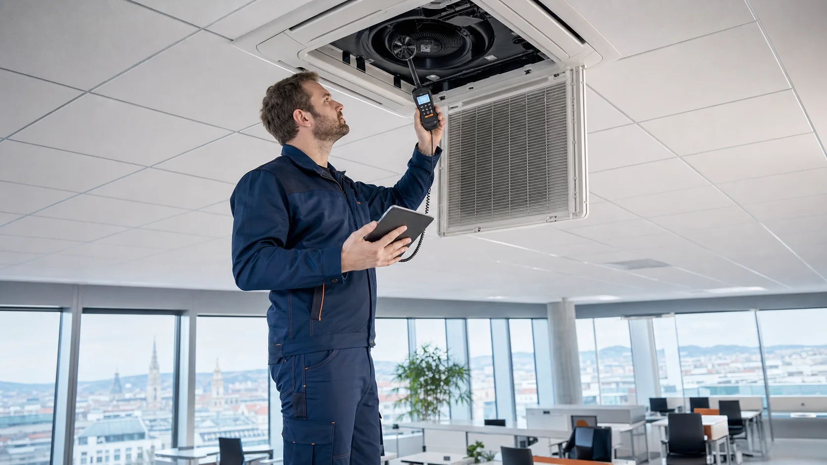 Servicetechniker prueft ein Deckengeraet in einem Wiener Buero als Teil einer Klimaanlagen-Planung