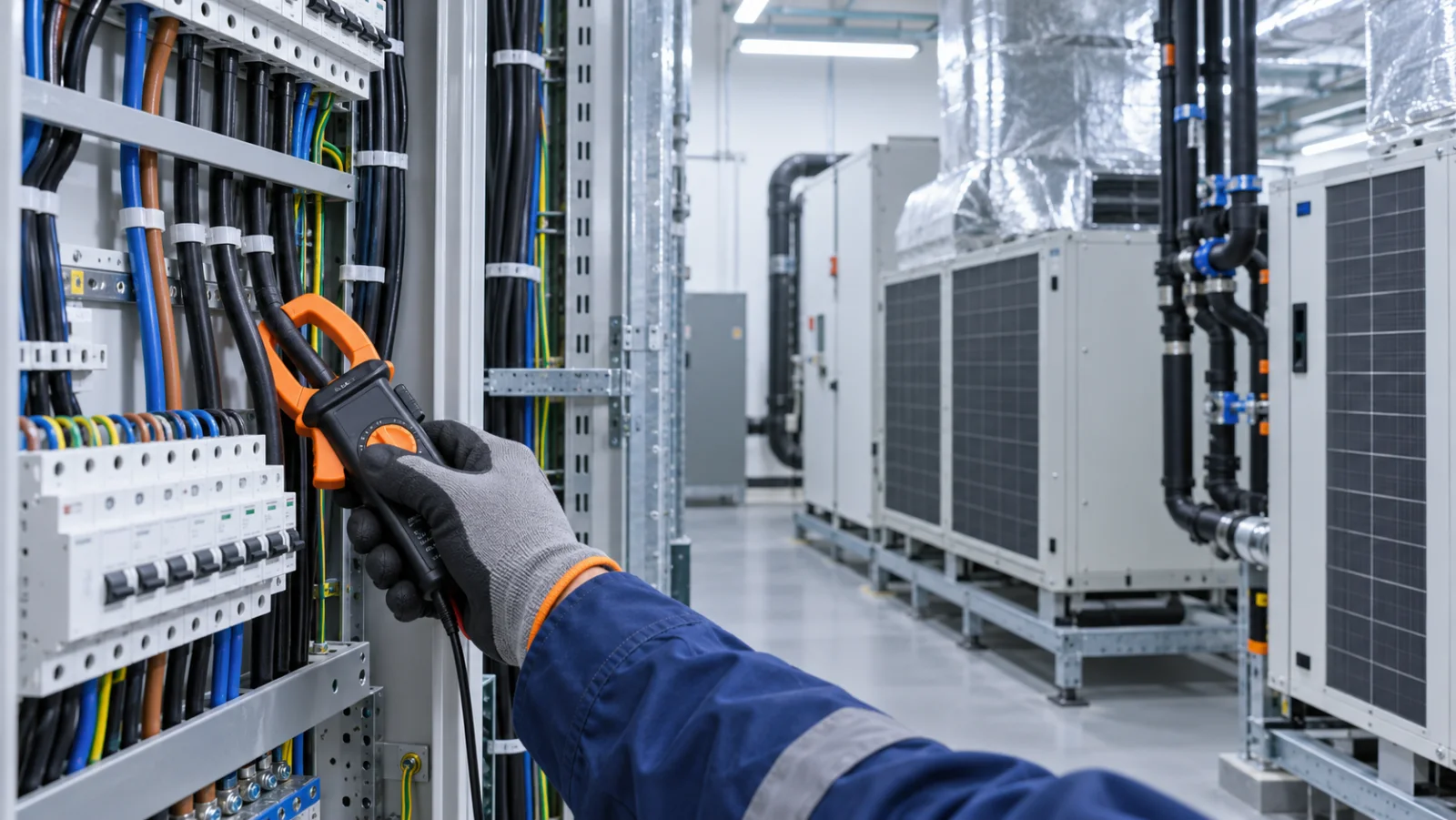 Fachkraft misst den Stromkreis für eine Klimaanlage in einem technischen Raum