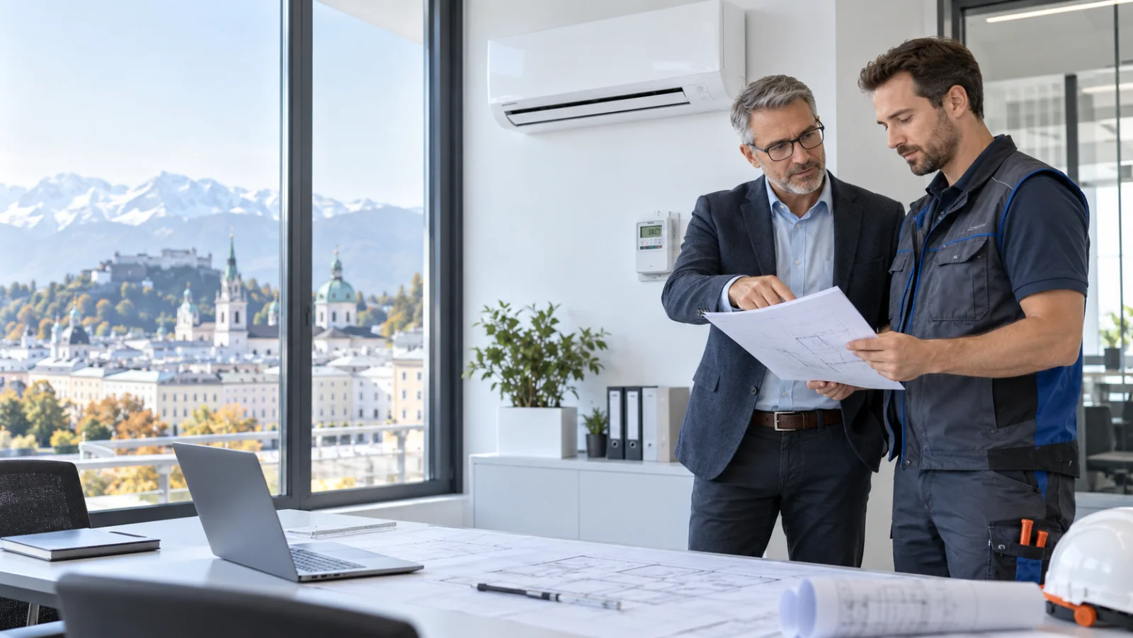Techniker und Facility Manager vergleichen die Planung einer Klimaanlage in einem Büro